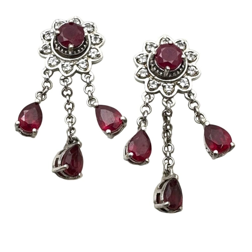 Chuck Clemency Red Ruby Sterling Silver Chandelier Pierced 1.5 Inch Earrings